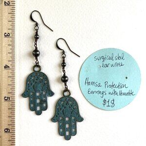 HAMSA Hematite Dangle Earrings Surgical Steel French Wires Handmade Green NEW